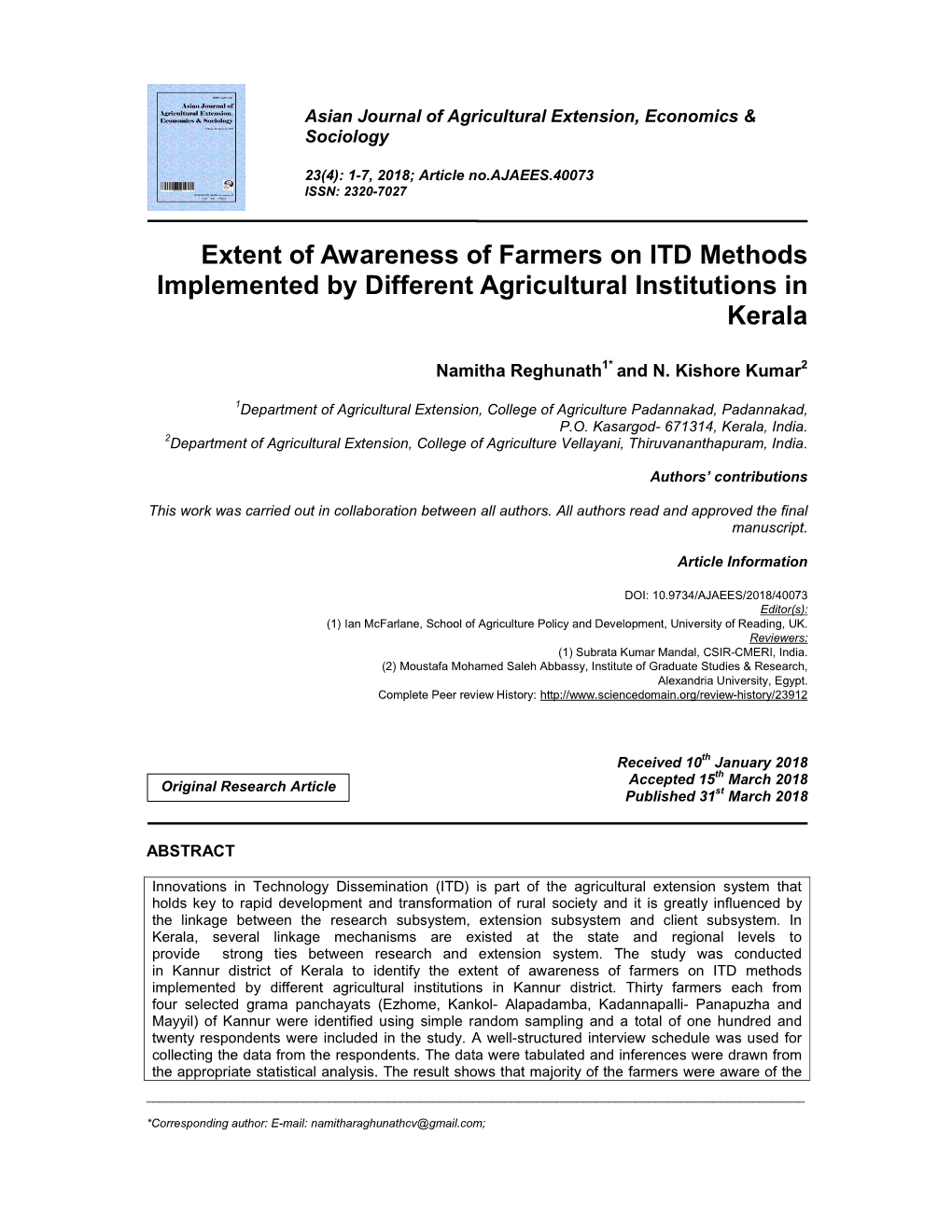 Extent of Awareness of Farmers on ITD Methods Implemented by Different Agricultural Institutions in Kerala