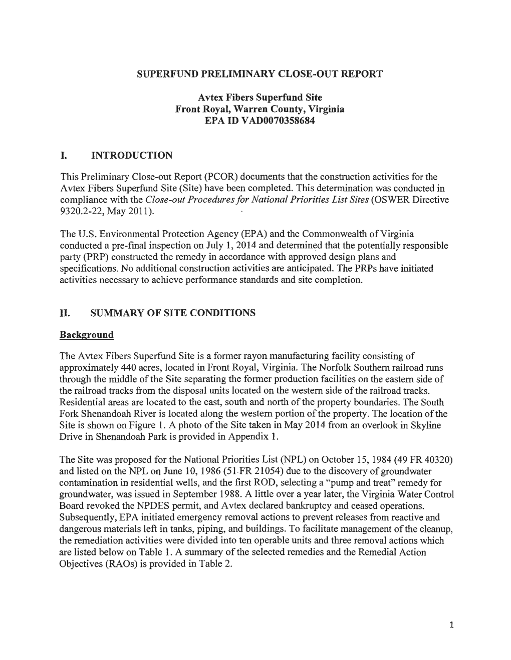 Preliminary Close-Out Report (PCOR) Documents That the Construction Activities for the Avtex Fibers Superfund Site (Site) Have Been Completed