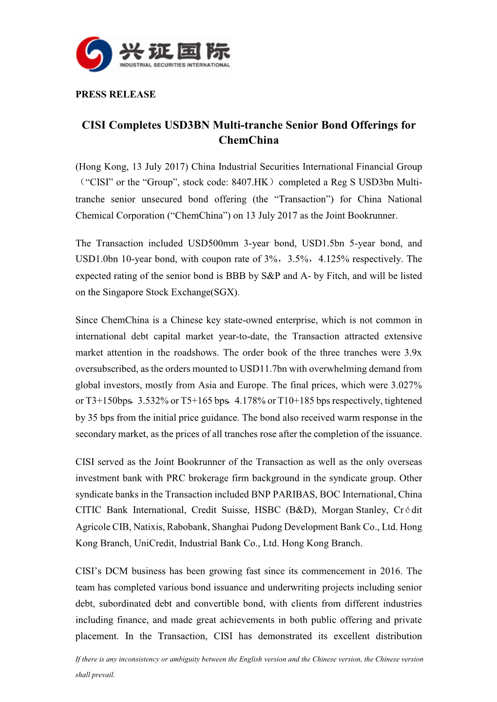 CISI Completes USD3BN Multi-Tranche Senior Bond Offerings for Chemchina