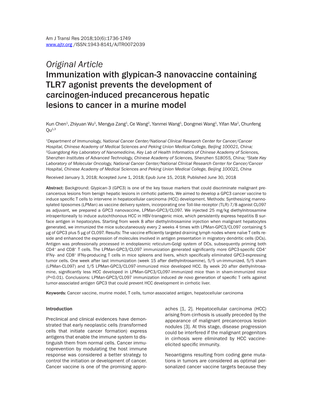 Original Article Immunization with Glypican-3 Nanovaccine Containing