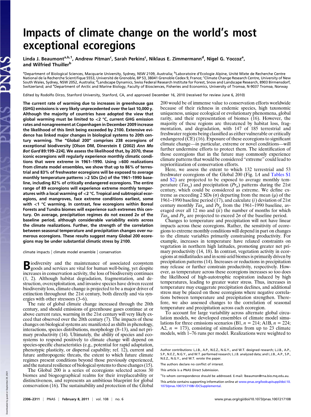 Impacts of Climate Change on the Worldts Most Exceptional Ecoregions