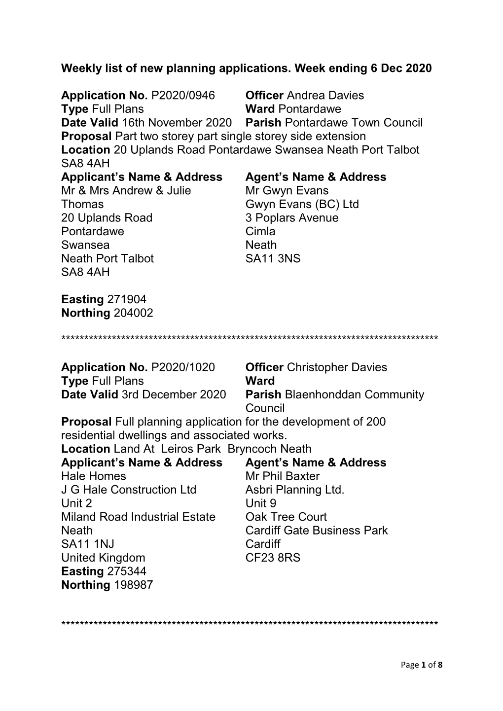 Weekly List of New Planning Applications. Week Ending 6 Dec 2020