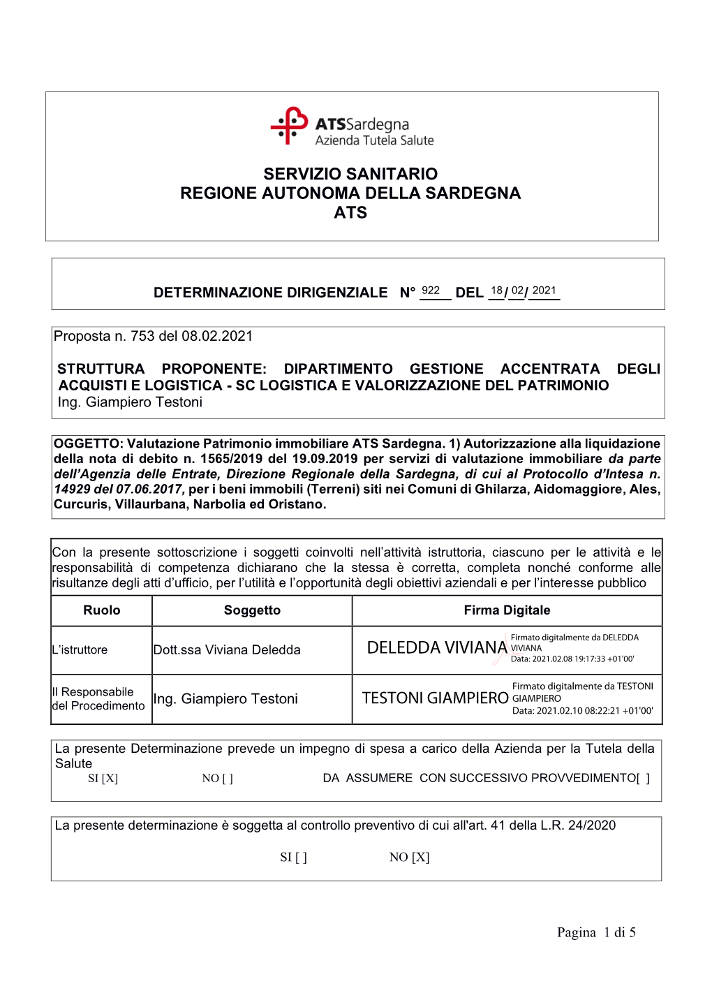 Determinazione ATS N. 922 Del 18/02/2021