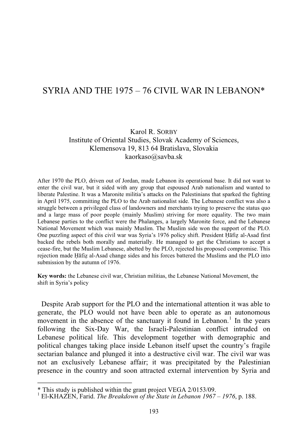 Syria and the 1975 – 76 Civil War in Lebanon*