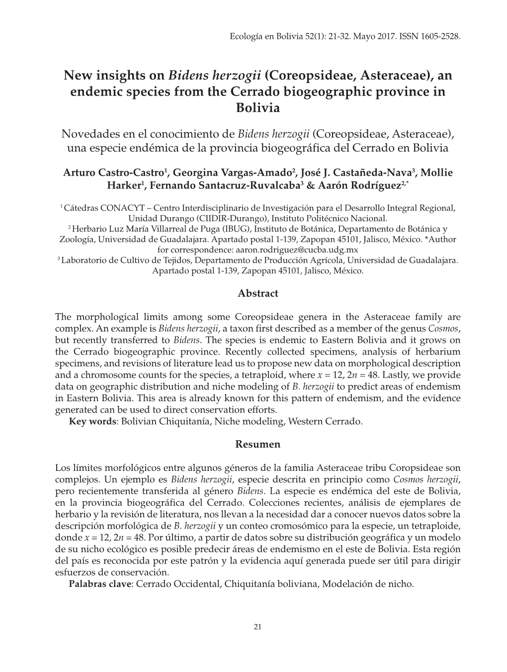 New Insights on Bidens Herzogii (Coreopsideae, Asteraceae), an Endemic Species from the Cerrado Biogeographic Province in Bolivia