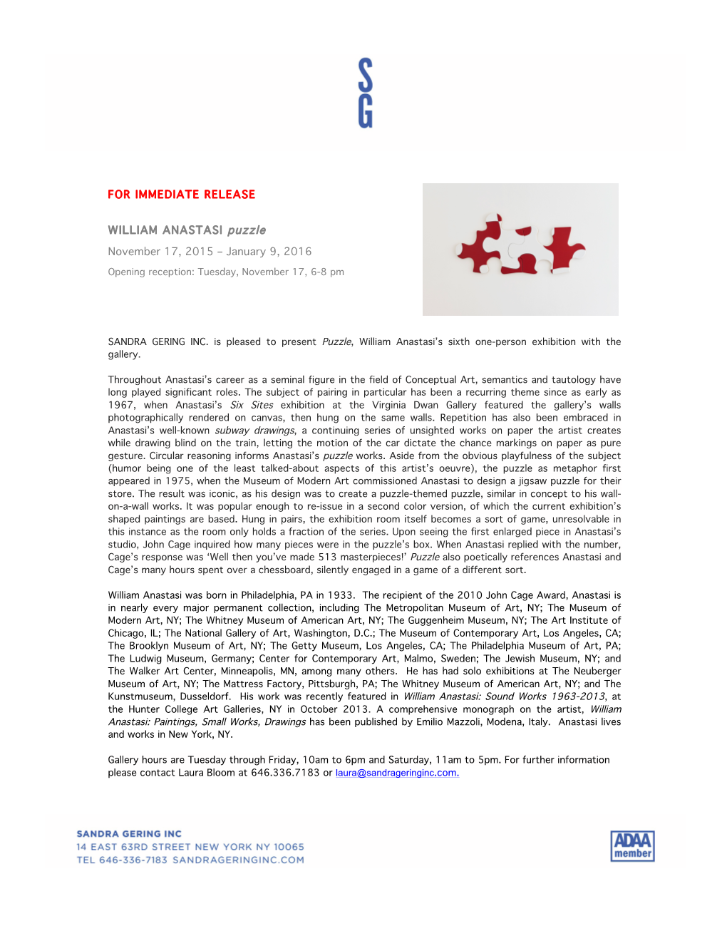 FOR IMMEDIATE RELEASE WILLIAM ANASTASI Puzzle November 17, 2015