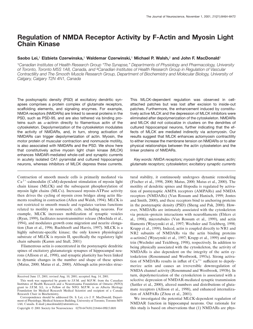 Regulation of NMDA Receptor Activity by F-Actin and Myosin Light Chain Kinase