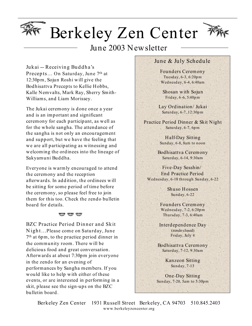 Berkeley Zen Center June 2003 Newsletter