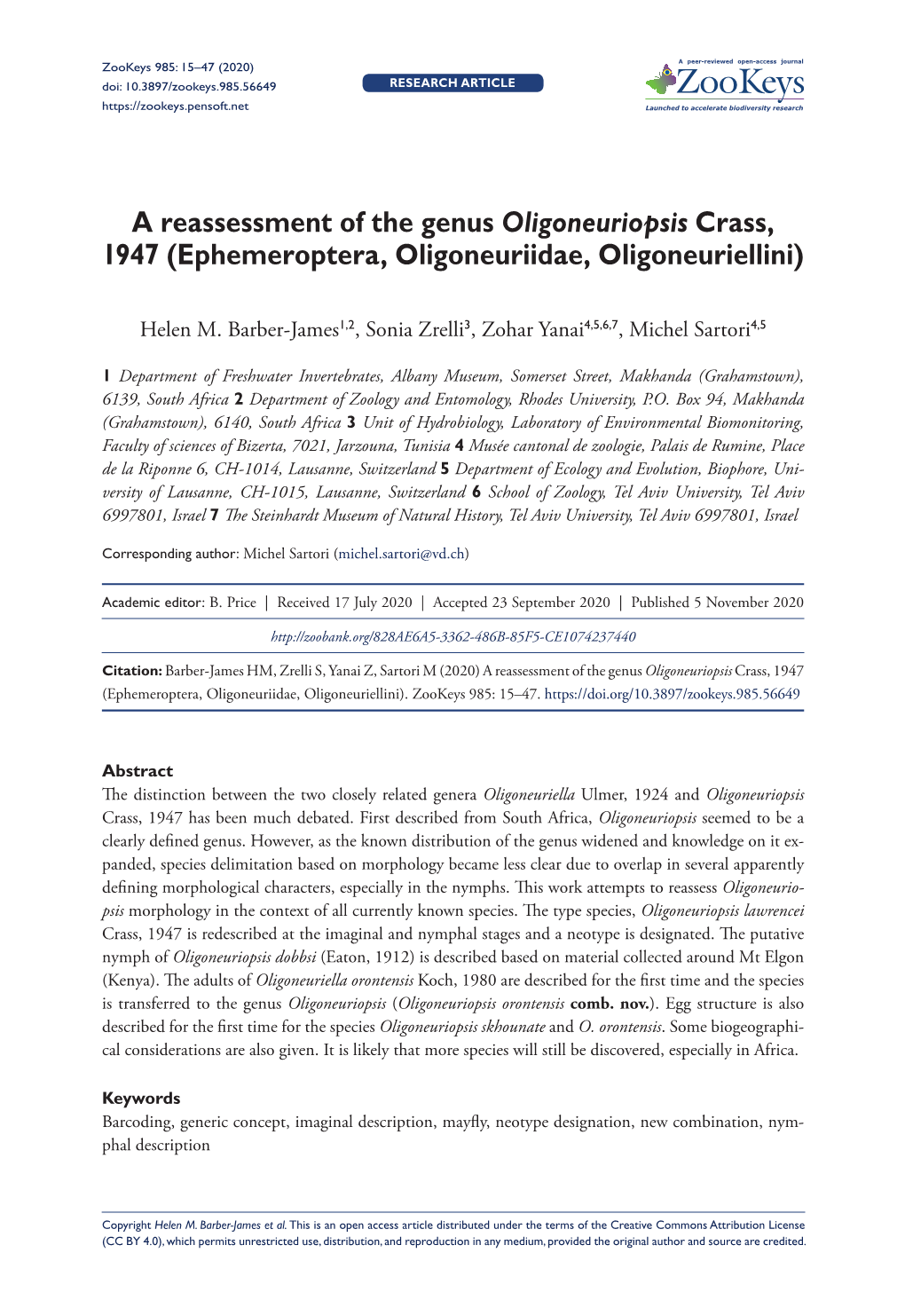 A Reassessment of the Genus Oligoneuriopsis Crass, 1947 (Ephemeroptera, Oligoneuriidae, Oligoneuriellini)