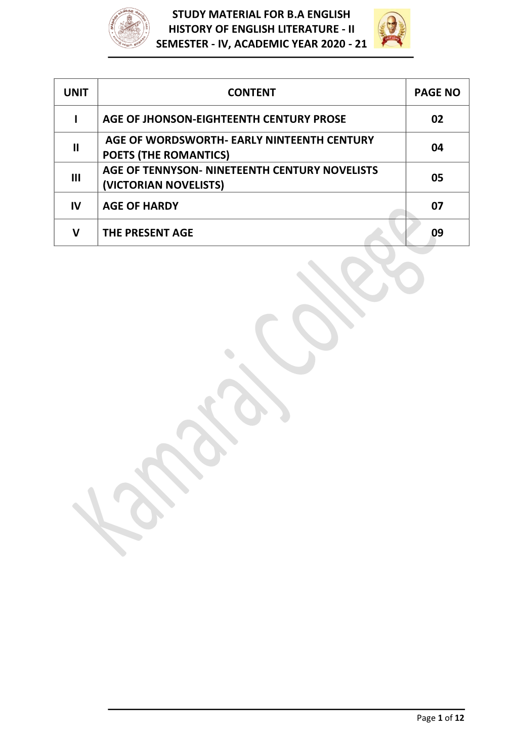 Study Material for Ba English History of English Literature