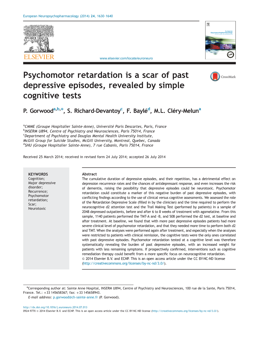 Psychomotor Retardation Is a Scar of Past Depressive Episodes, Revealed by Simple Cognitive Tests