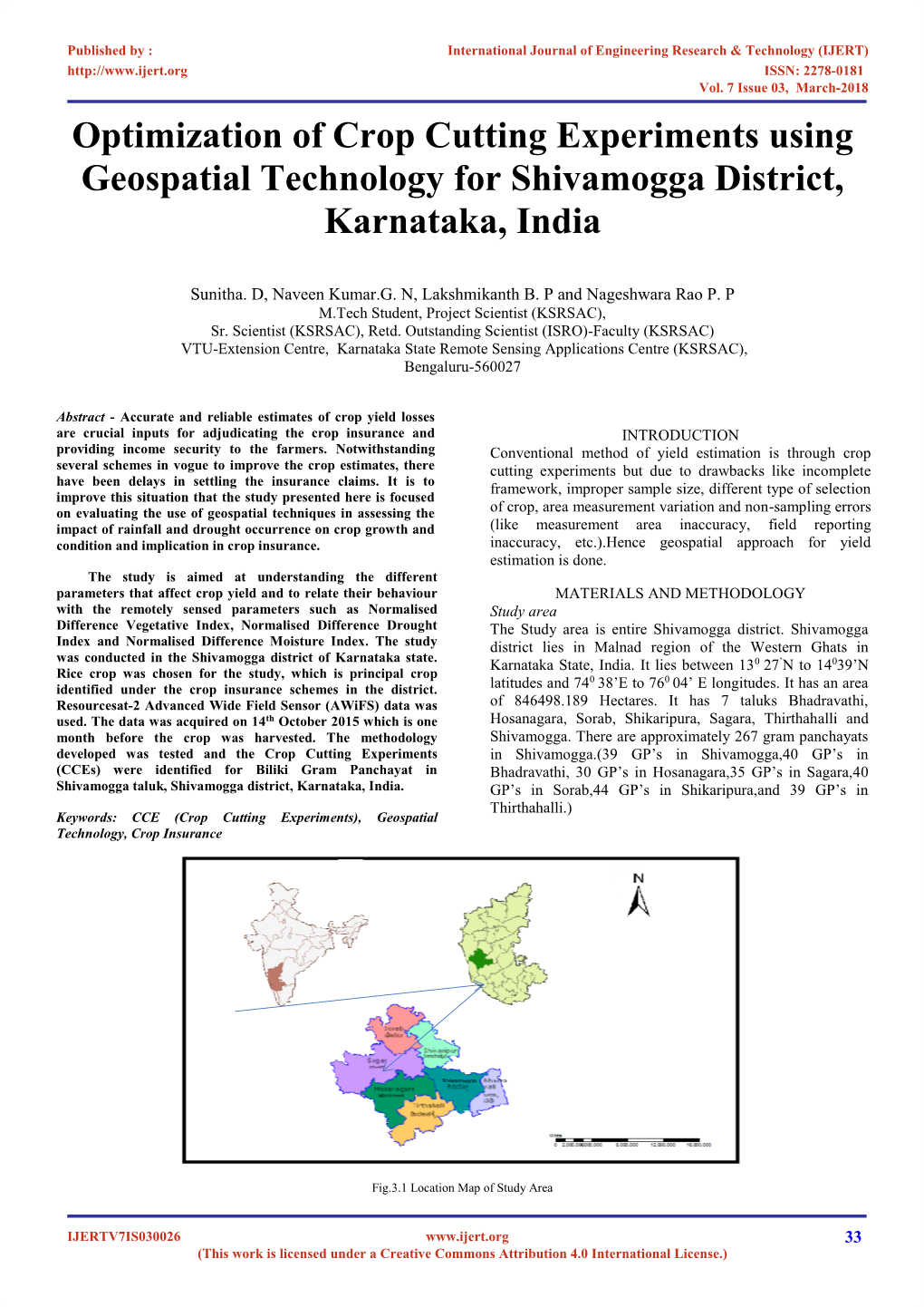 Optimization of Crop Cutting Experiments Using Geospatial Technology for Shivamogga District, Karnataka, India
