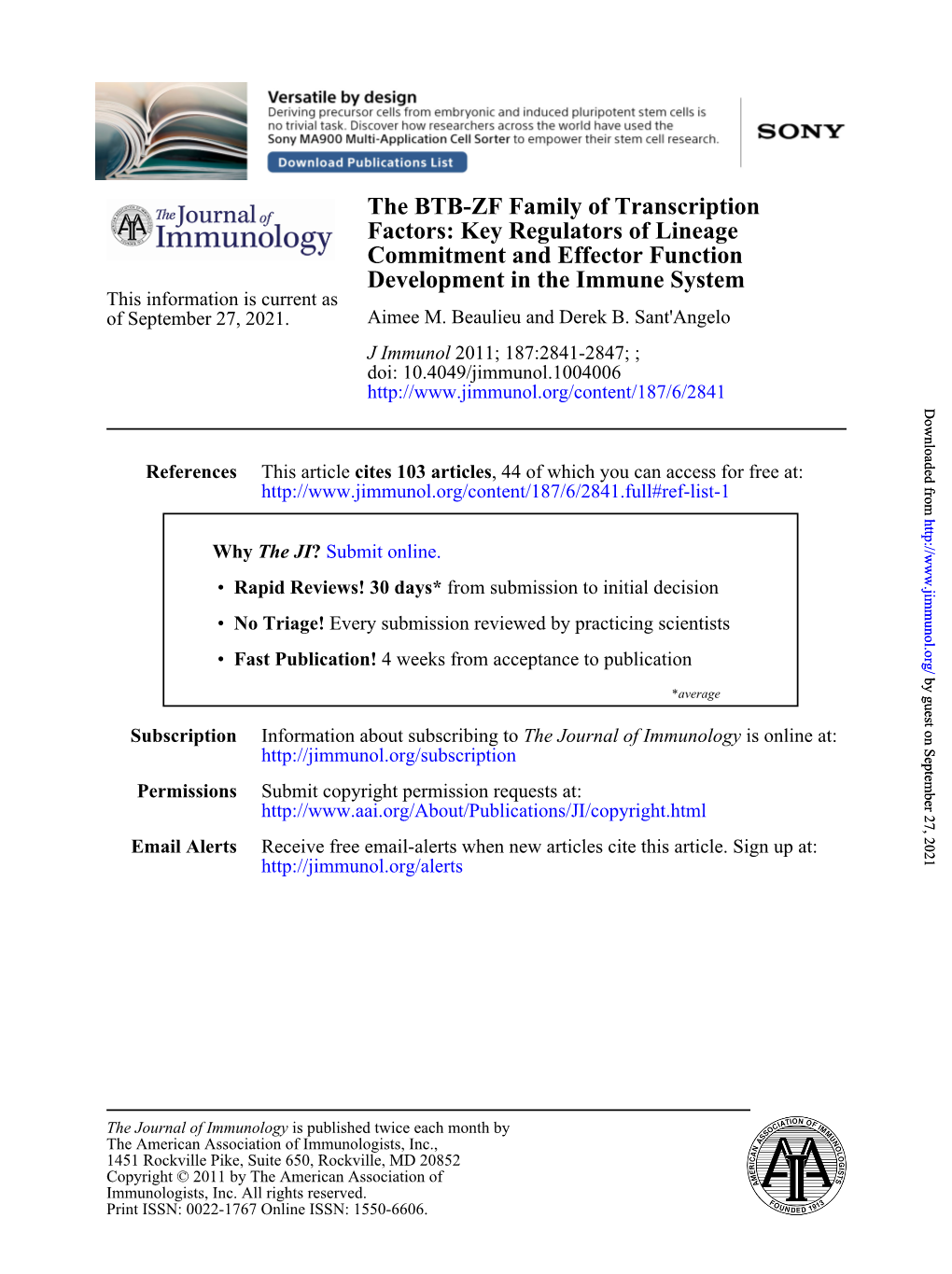 The BTB-ZF Family of Transcription Factors: Key Regulators of Lineage