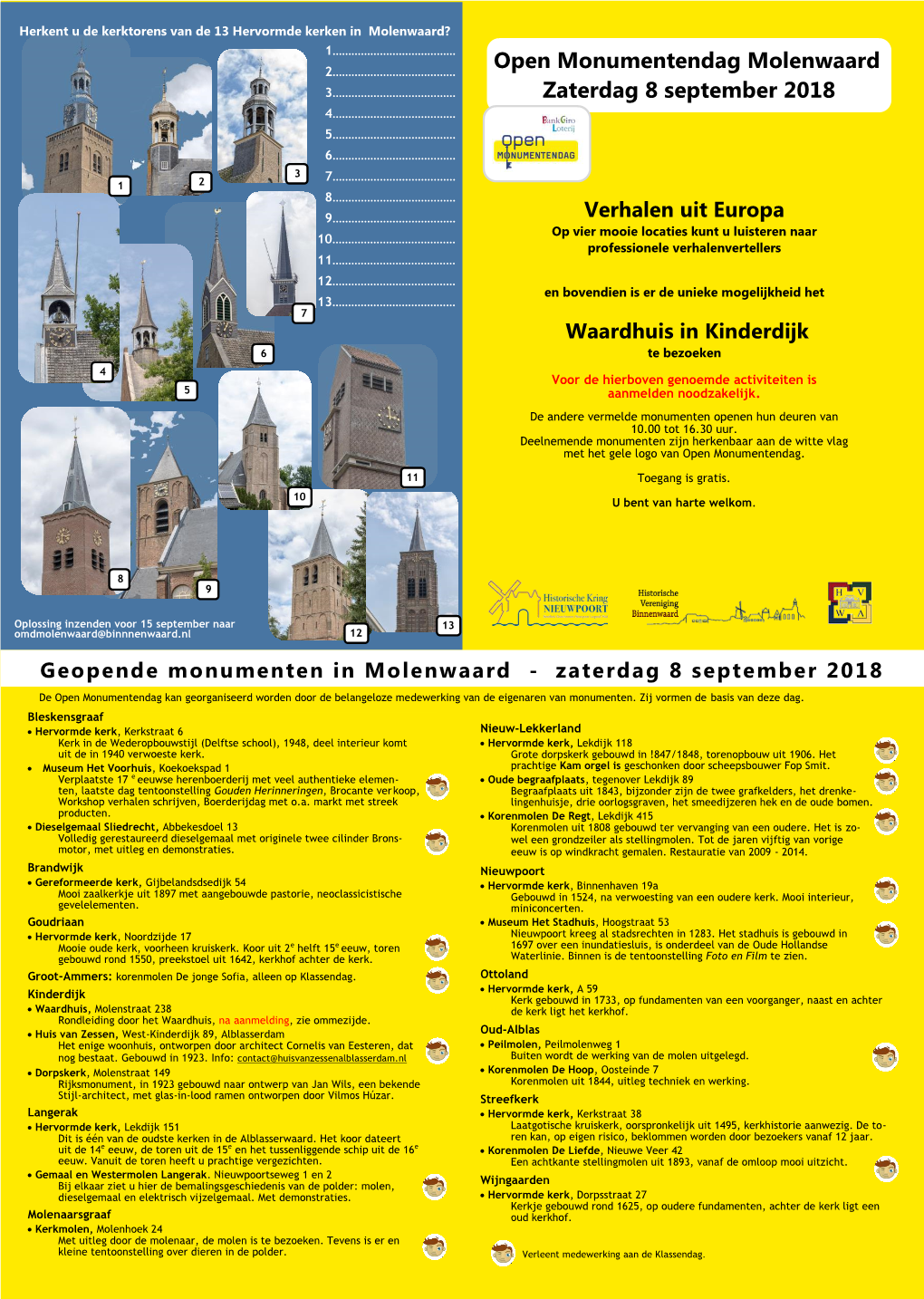 Open Monumentendag Molenwaard Zaterdag 8 September 2018