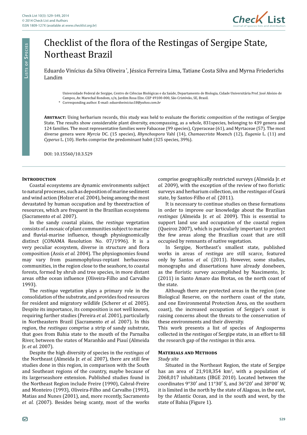 Chec List Checklist of the Flora of the Restingas of Sergipe State