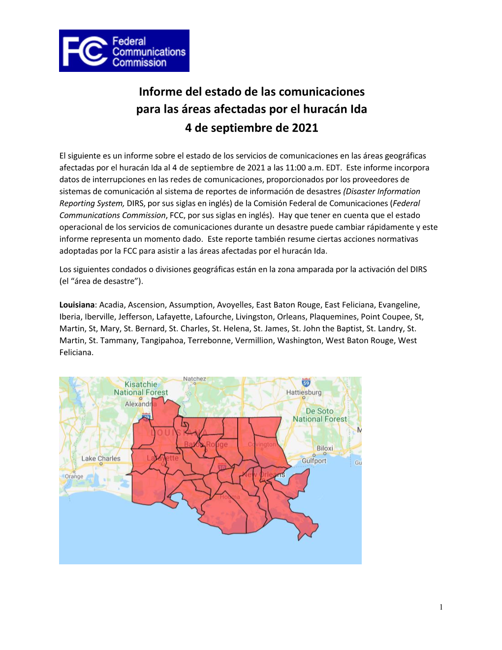 Informe Del Estado De Las Comunicaciones Para Las Áreas Afectadas Por El Huracán Ida 4 De Septiembre De 2021