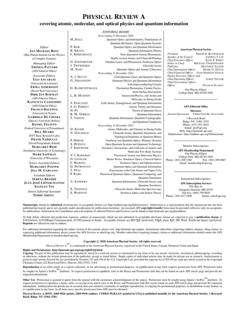 PHYSICAL REVIEW a Covering Atomic, Molecular, and Optical Physics and Quantum Information