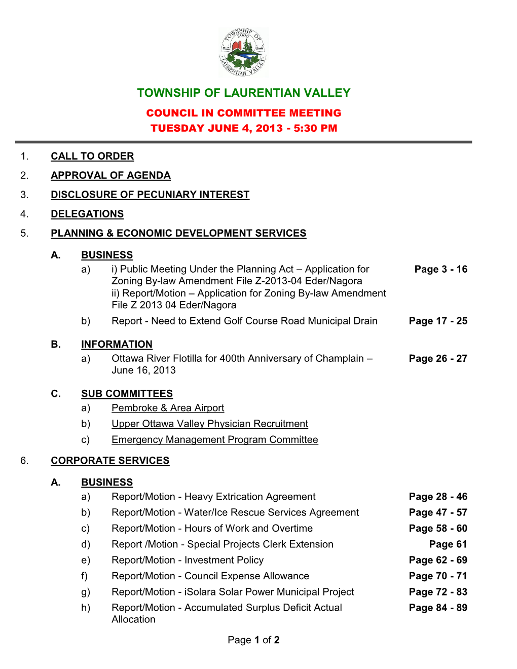 Council in Committee Meeting Tuesday June 4, 2013 - 5:30 Pm