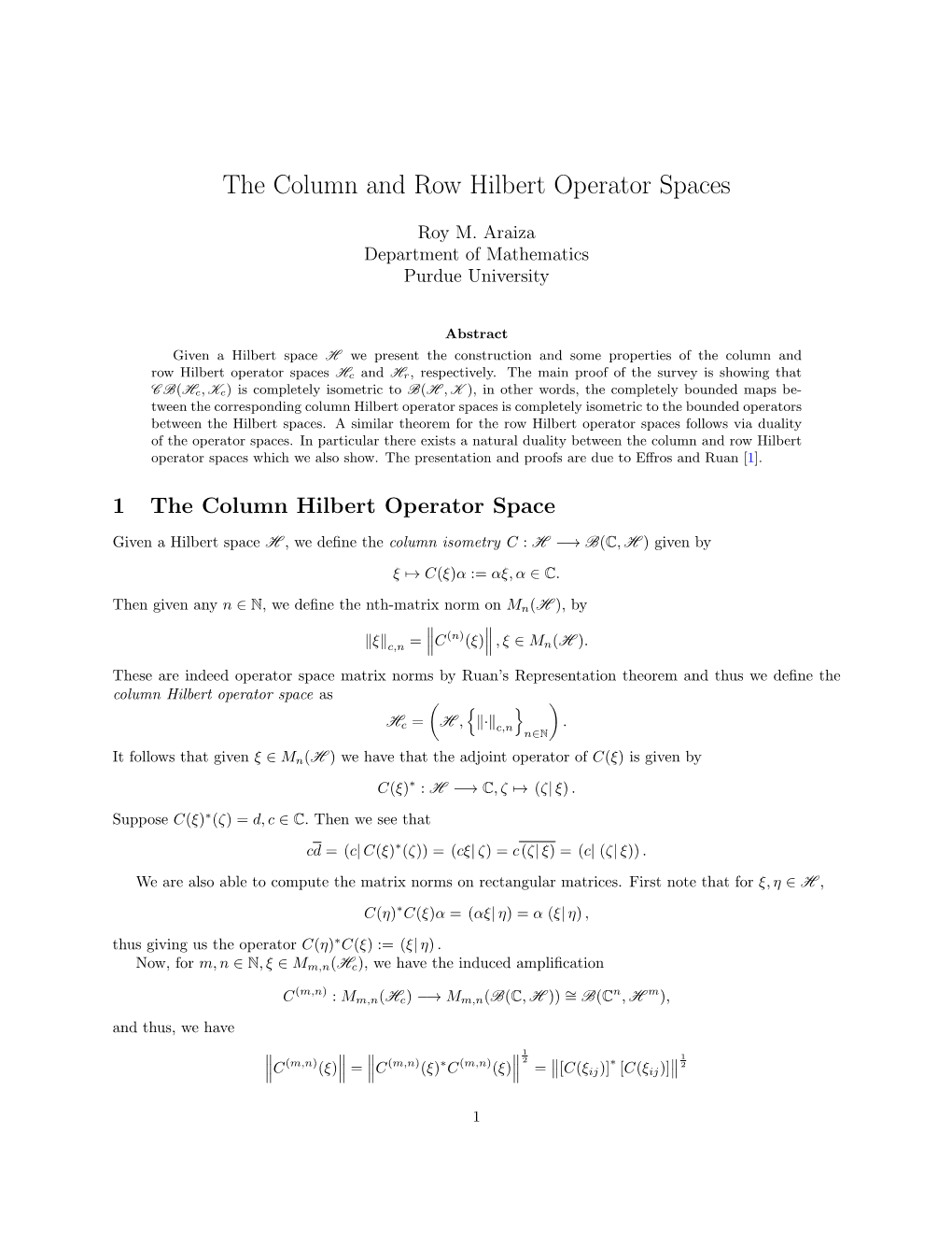 The Column and Row Hilbert Operator Spaces