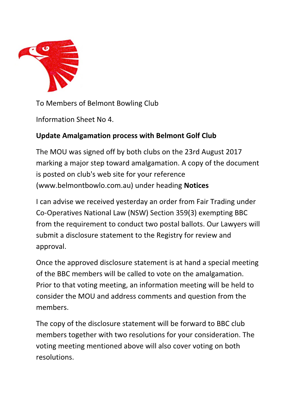 Update Amalgamation Process with Belmont Golf Club