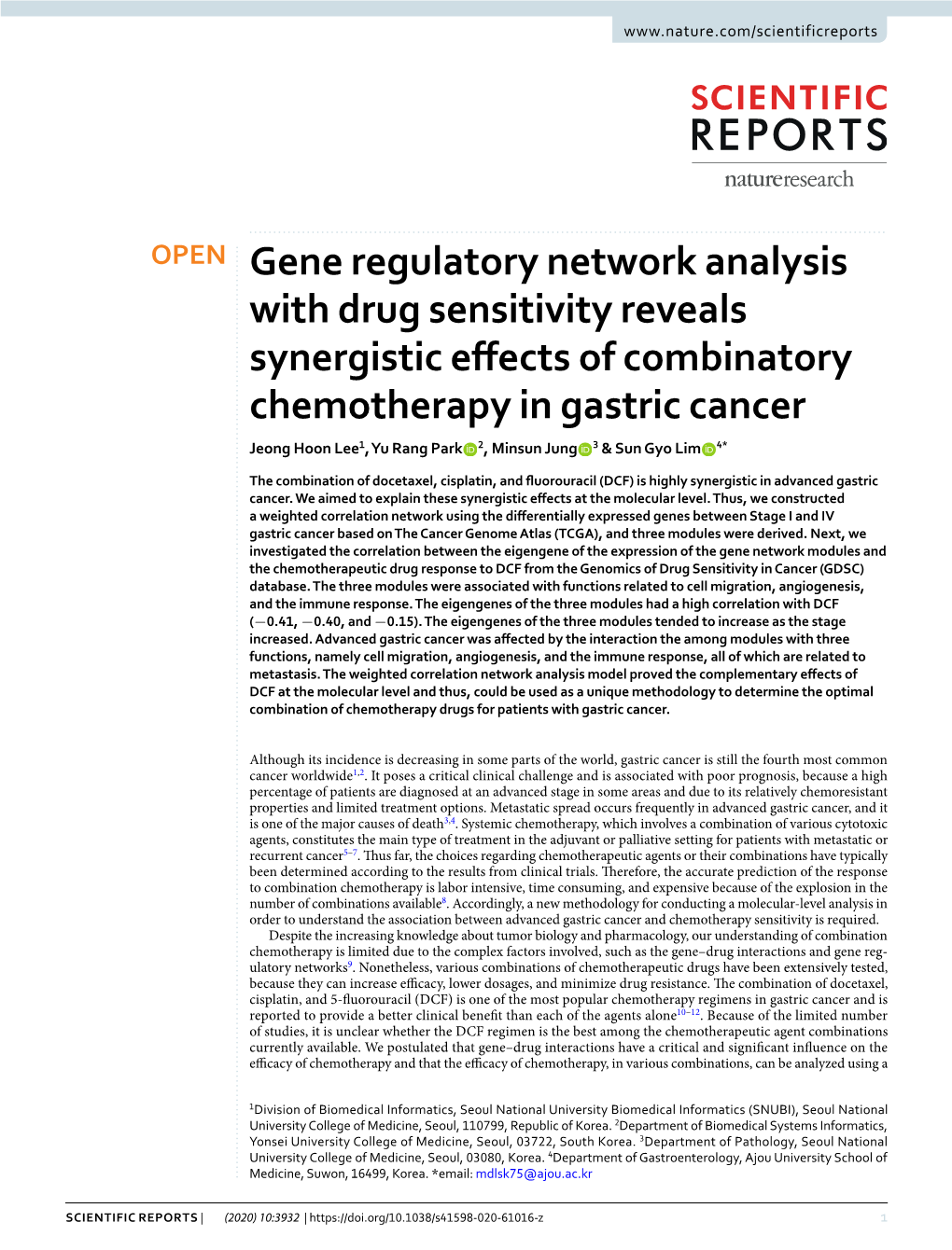 Gene Regulatory Network Analysis with Drug Sensitivity Reveals Synergistic