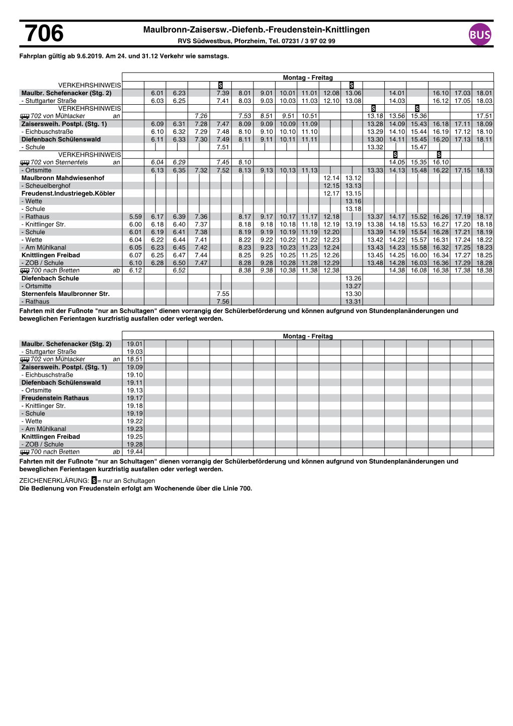 Freudenstein-Knittlingen BUS 706 RVS Südwestbus, Pforzheim, Tel