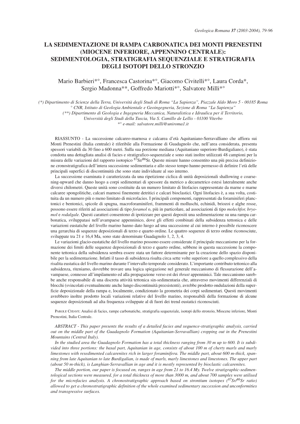 La Sedimentazione Di Rampa Carbonatica Dei Monti Prenestini (Miocene Inferiore, Appennino Centrale): Sedimentologia, Stratigrafi