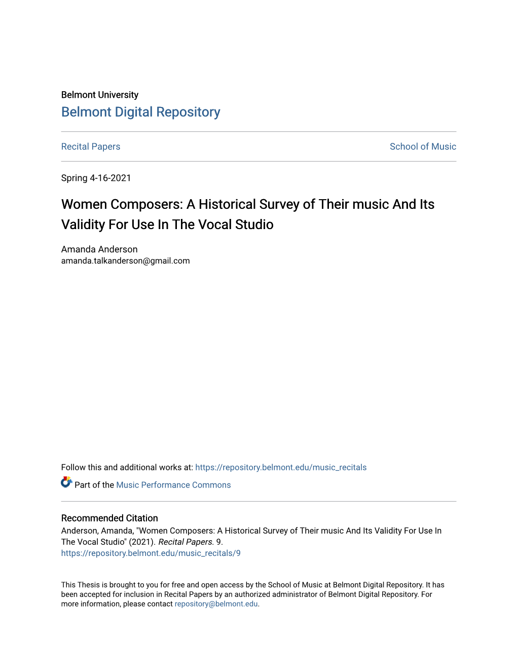 Women Composers: a Historical Survey of Their Music and Its Validity for Use in the Vocal Studio