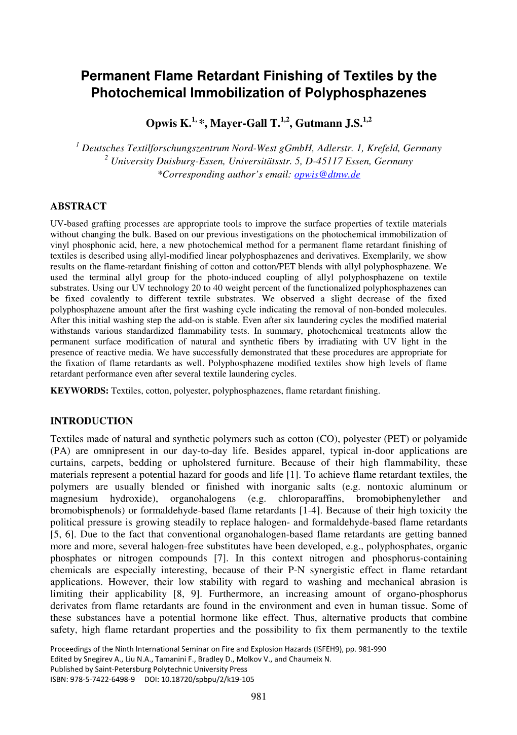 Permanent Flame Retardant Finishing of Textiles by the Photochemical Immobilization of Polyphosphazenes