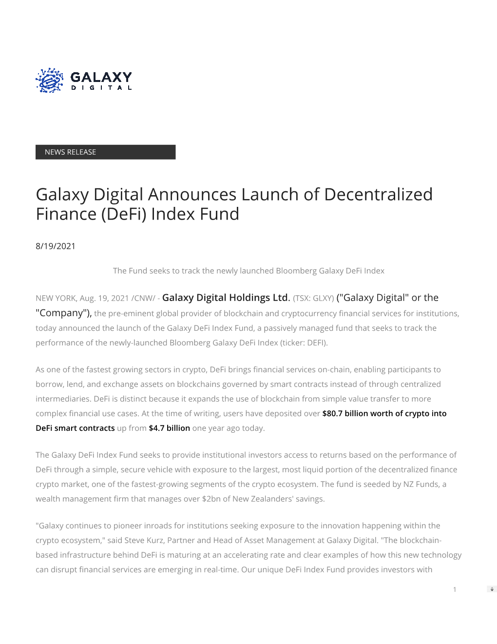 Galaxy Digital Announces Launch of Decentralized Finance (Defi) Index Fund