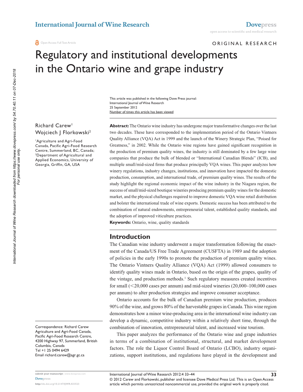 Regulatory and Institutional Developments in the Ontario Wine and Grape Industry