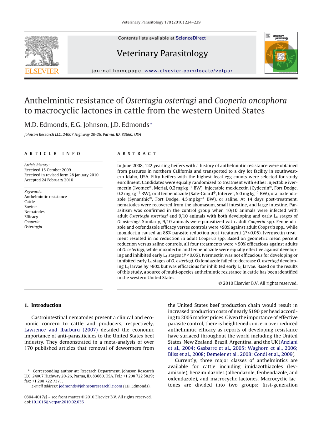 Anthelmintic Resistance of Ostertagia Ostertagi and Cooperia Oncophora to Macrocyclic Lactones in Cattle from the Western United States