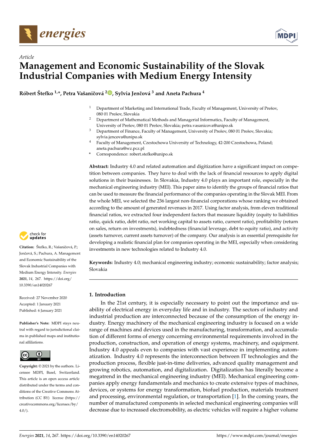 Management and Economic Sustainability of the Slovak Industrial Companies with Medium Energy Intensity