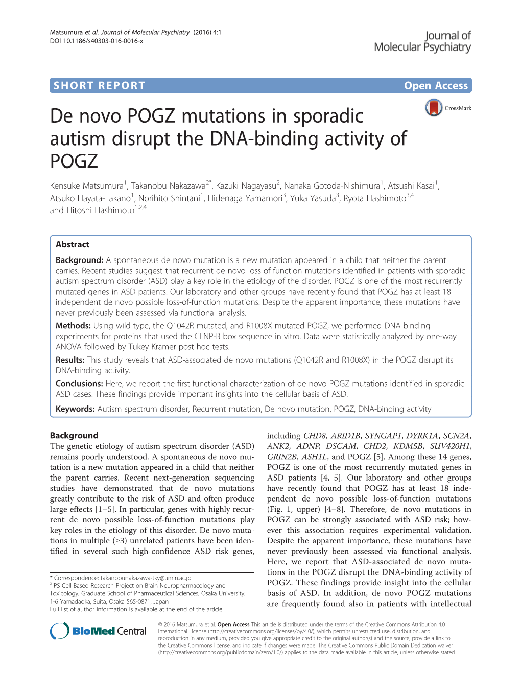 De Novo POGZ Mutations in Sporadic