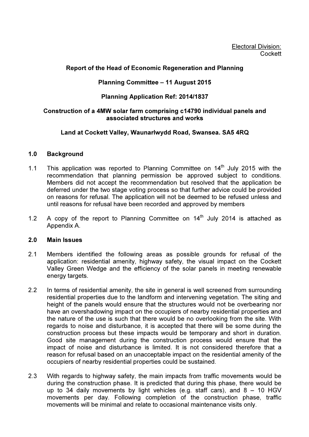 Electoral Division: Cockett Report of the Head of Economic