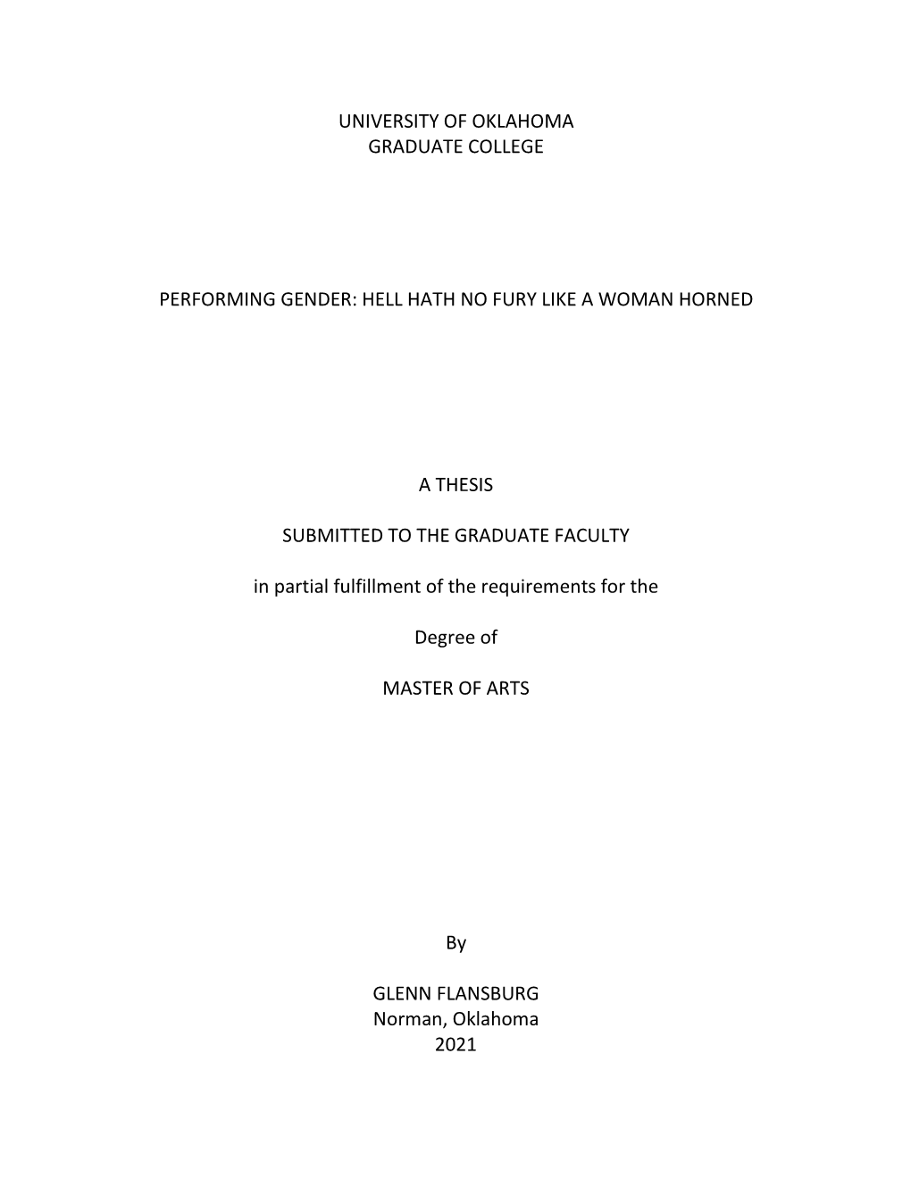 University of Oklahoma Graduate College Performing Gender: Hell Hath No Fury Like a Woman Horned a Thesis Submitted to the Gradu