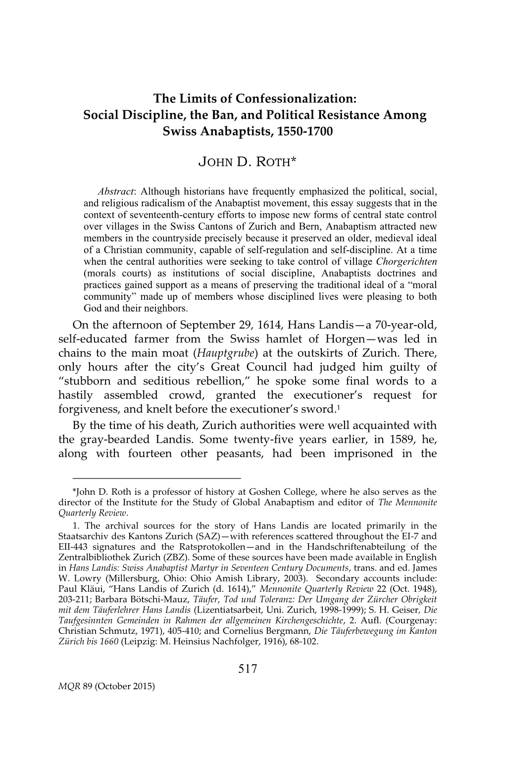 Social Discipline, the Ban, and Political Resistance Among Swiss Anabaptists, 1550-1700