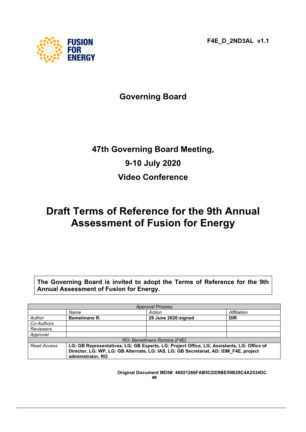 Draft Terms of Reference for the 9Th Annual Assessment of Fusion for Energy