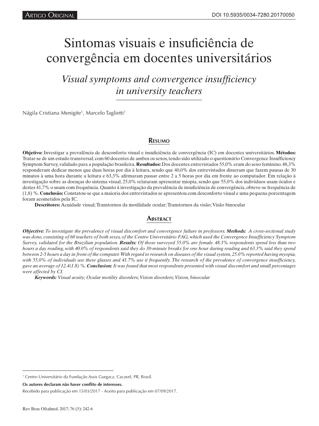 Visual Symptoms and Convergence Insufficiency in University Teachers