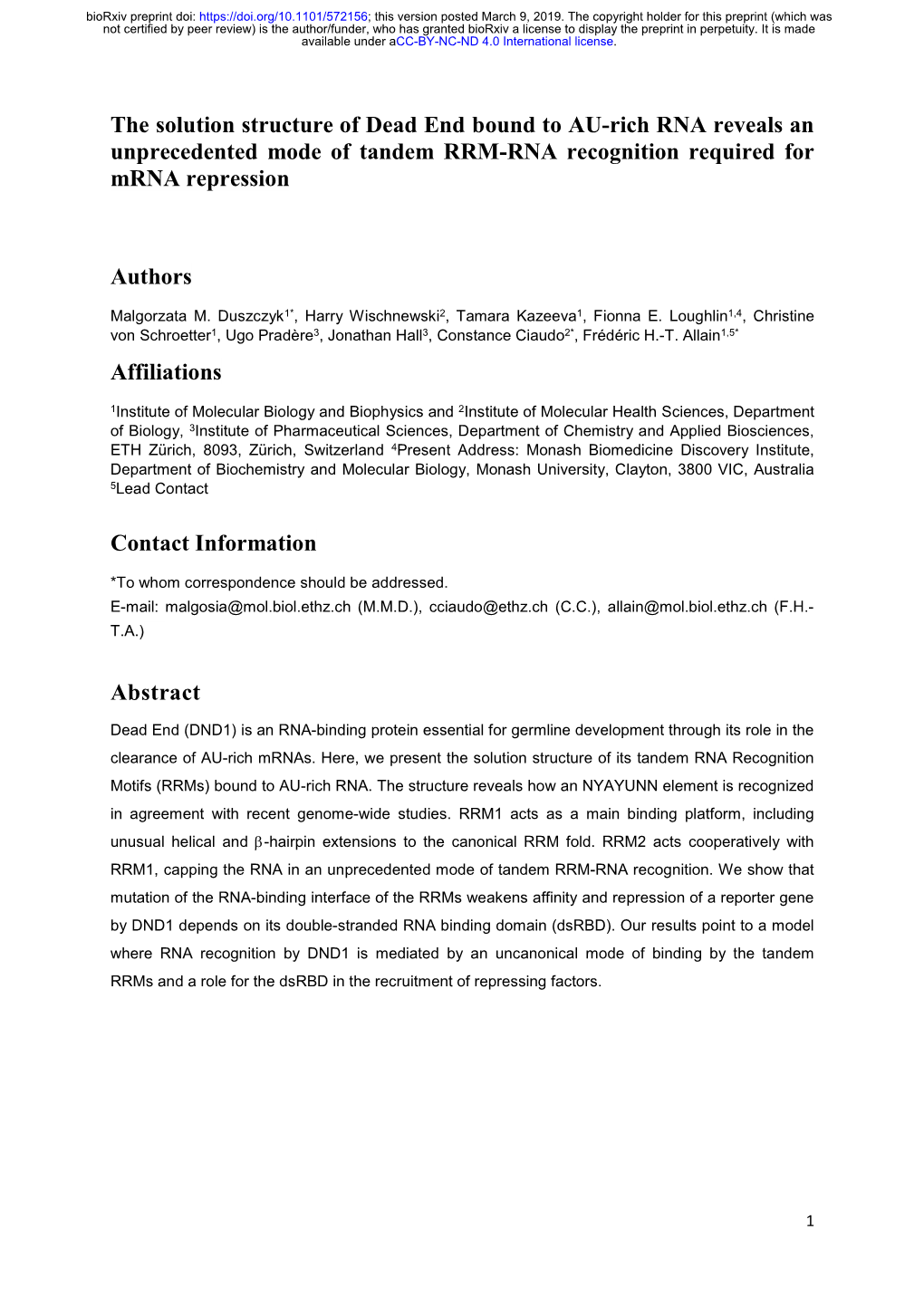 The Solution Structure of Dead End Bound to AU-Rich RNA Reveals an Unprecedented Mode of Tandem RRM-RNA Recognition Required for Mrna Repression