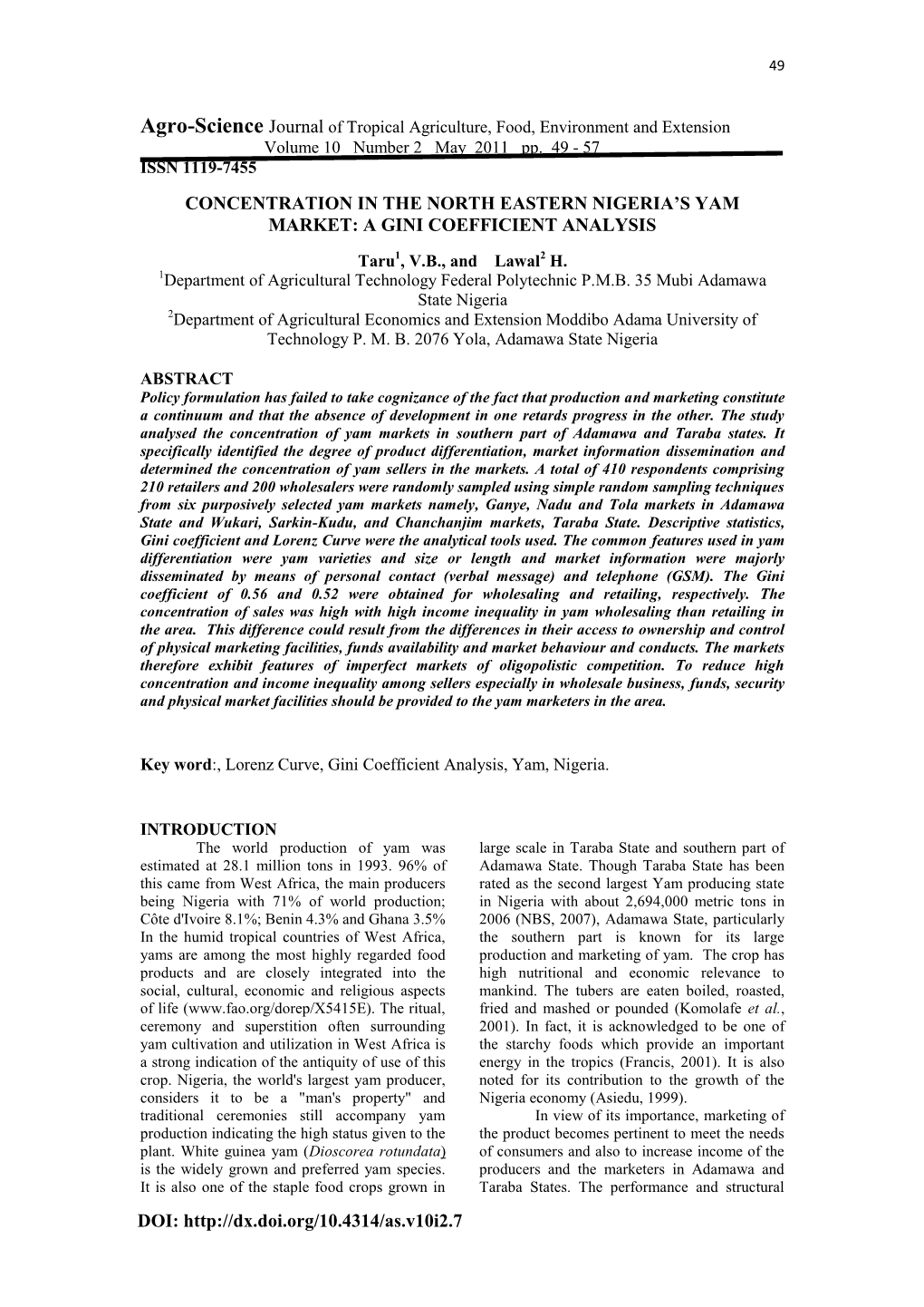 Concentration in the North Eastern Nigeria's Yam Market: a Gini