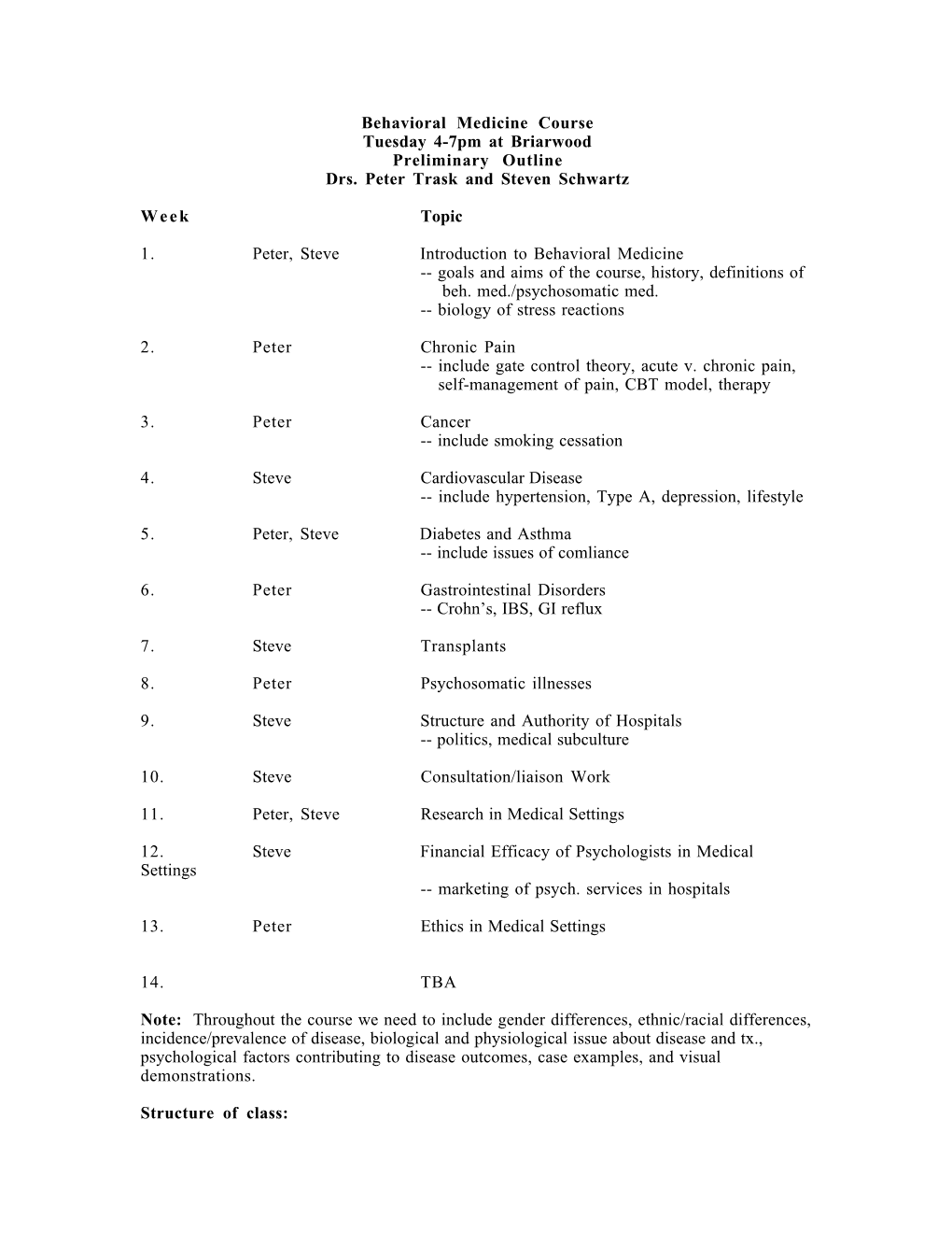 Behavioral Medicine Course Tuesday 4-7Pm at Briarwood Preliminary Outline Drs. Peter Trask and Steven Schwartz Week Topic 1