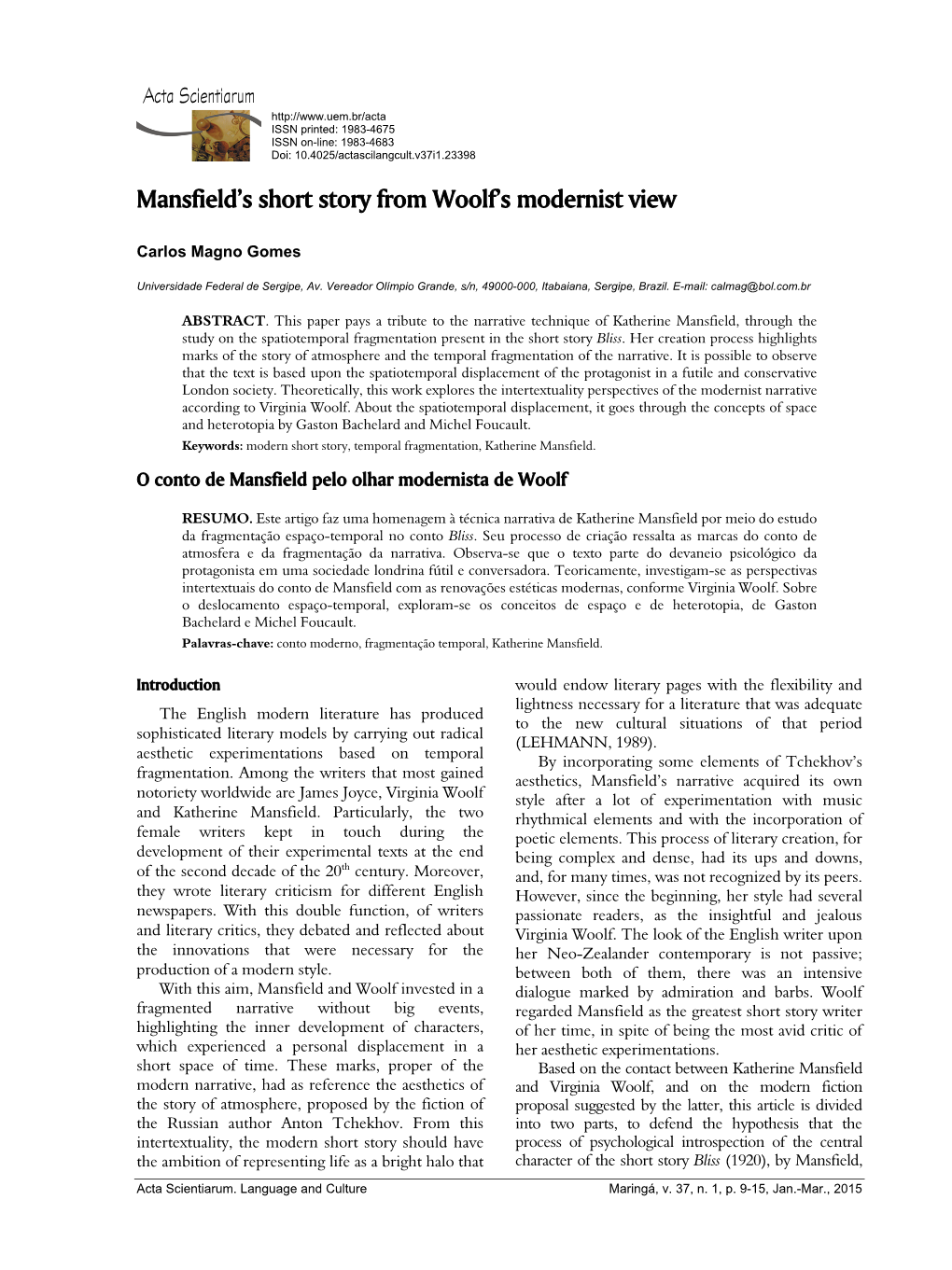 Mansfield's Short Story from Woolf's Modernist View