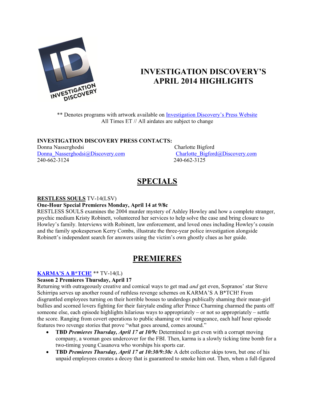 Investigation Discovery's April 2014 Programming Highlights