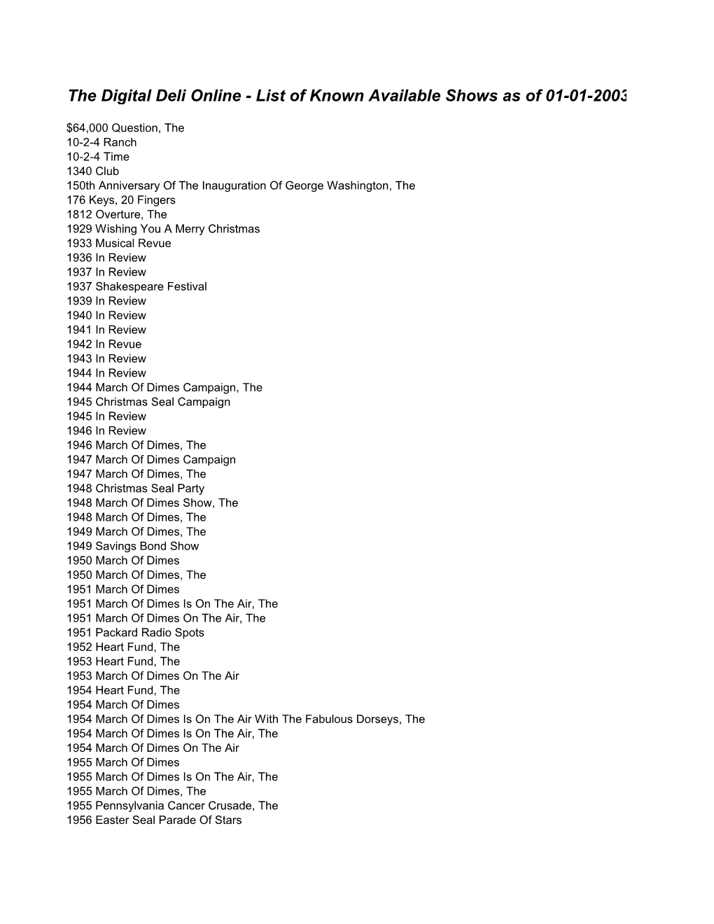 The Digital Deli Online - List of Known Available Shows As of 01-01-2003