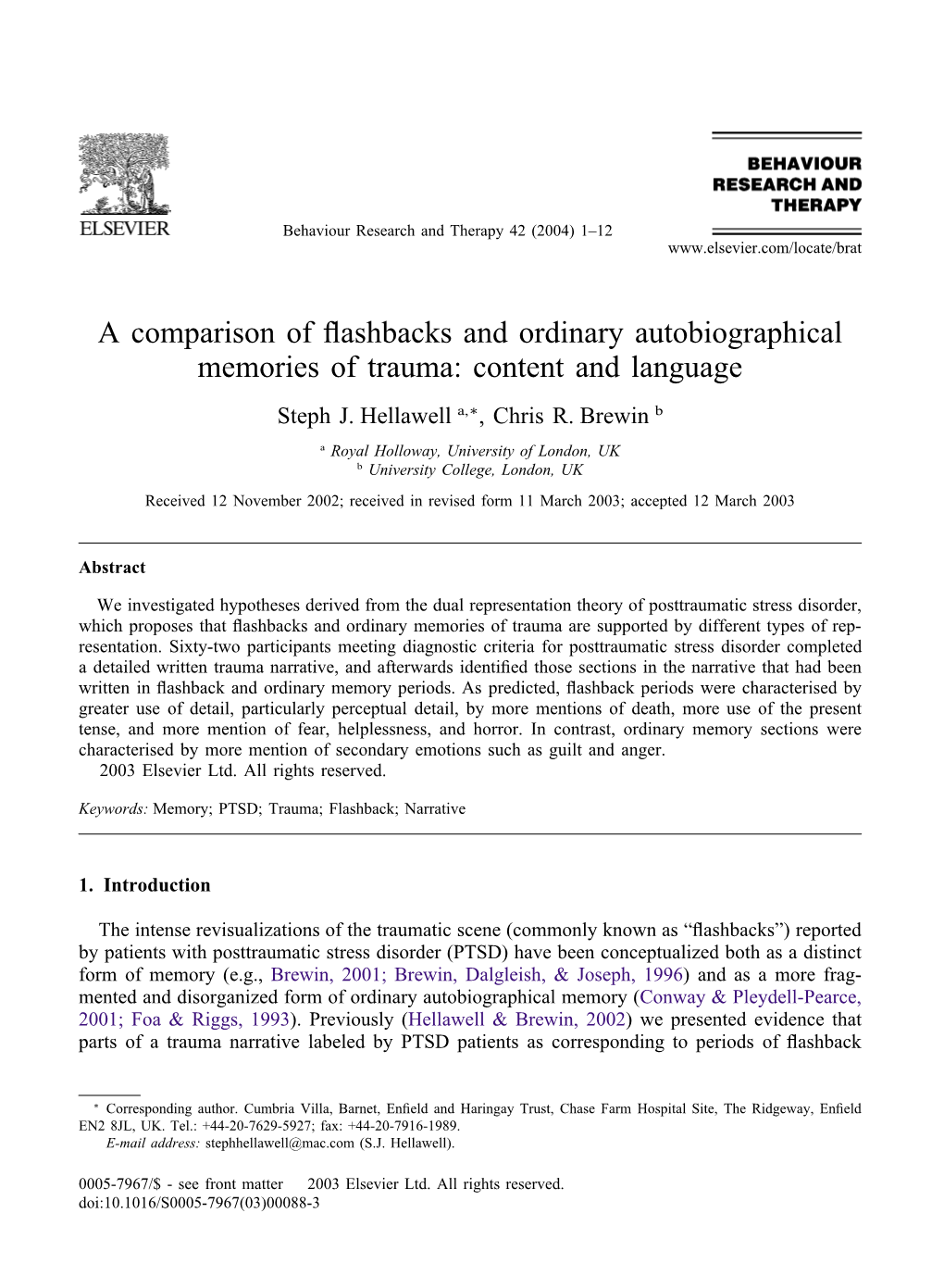 A Comparison of Flashbacks and Ordinary Autobiographical