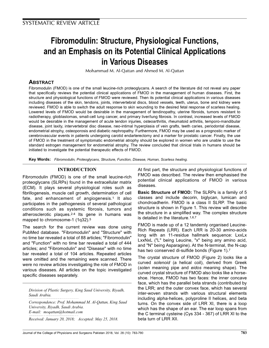 Fibromodulin: Structure, Physiological Functions, and an Emphasis on Its Potential Clinical Applications in Various Diseases Mohammad M