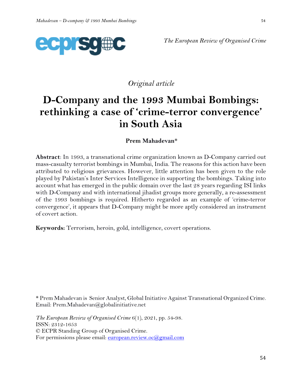 D-Company and the 1993 Mumbai Bombings: Rethinking a Case of ‘Crime-Terror Convergence’ in South Asia