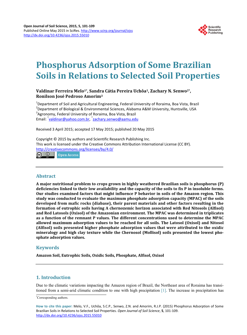 Phosphorus Adsorption of Some Brazilian Soils in Relations to Selected Soil Properties