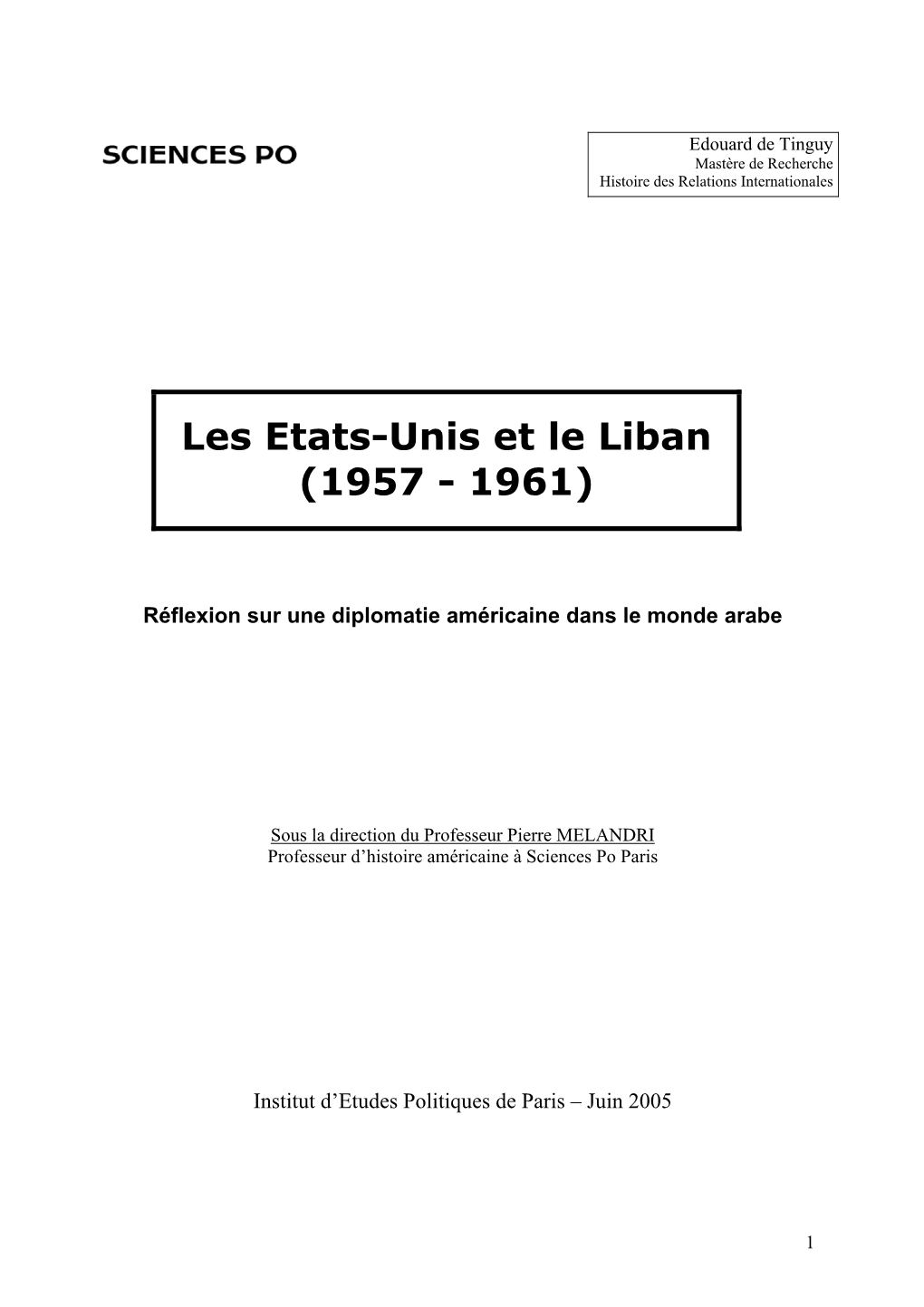 LES ETATS-UNIS Et Le LIBAN 1957-1961